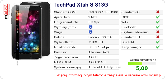 Dane telefonu TechPad Xtab S 813G Dane telefonu TechPad Xtab S 813G