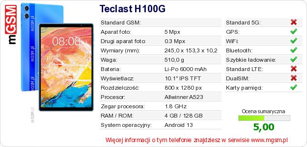 Dane telefonu Teclast H100G Dane telefonu Teclast H100G