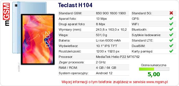 Dane telefonu Teclast H104 Dane telefonu Teclast H104