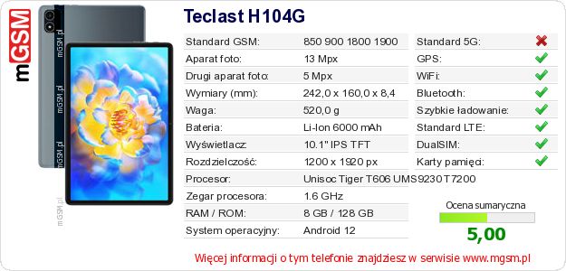 Dane telefonu Teclast H104G Dane telefonu Teclast H104G