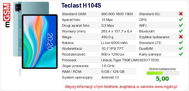 Dane telefonu Teclast H104S Dane telefonu Teclast H104S