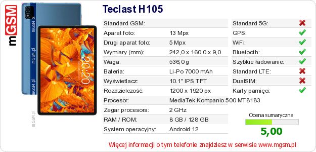 Dane telefonu Teclast H105 Dane telefonu Teclast H105