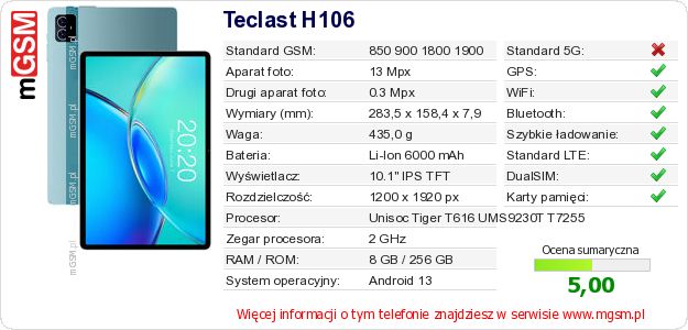Dane telefonu Teclast H106 Dane telefonu Teclast H106