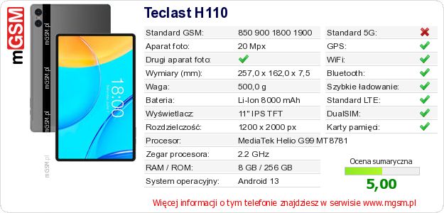 Dane telefonu Teclast H110 Dane telefonu Teclast H110