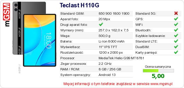 Dane telefonu Teclast H110G