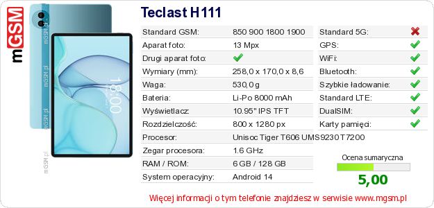 Dane telefonu Teclast H111 Dane telefonu Teclast H111