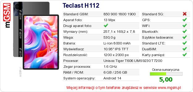 Dane telefonu Teclast H112 Dane telefonu Teclast H112