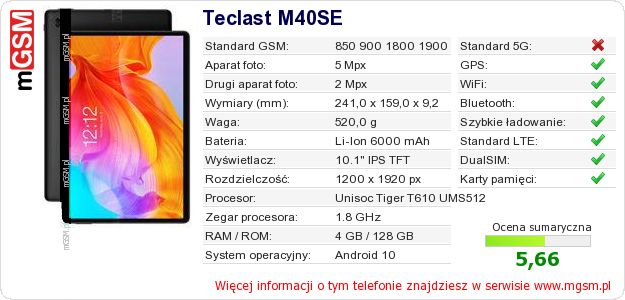 Dane telefonu Teclast M40SE Dane telefonu Teclast M40SE
