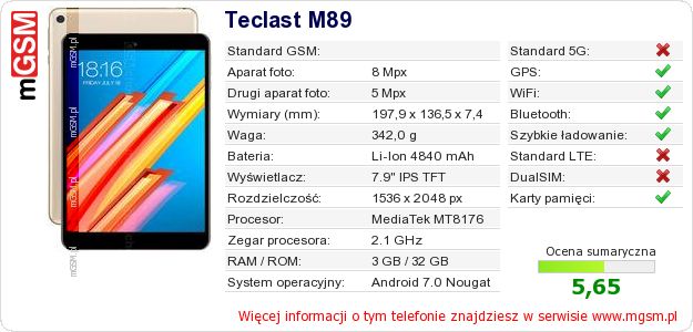 Dane telefonu Teclast M89