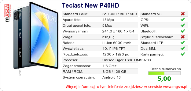 Dane telefonu Teclast New P40HD Dane telefonu Teclast New P40HD