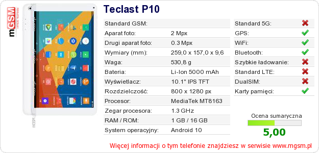 Dane telefonu Teclast P10