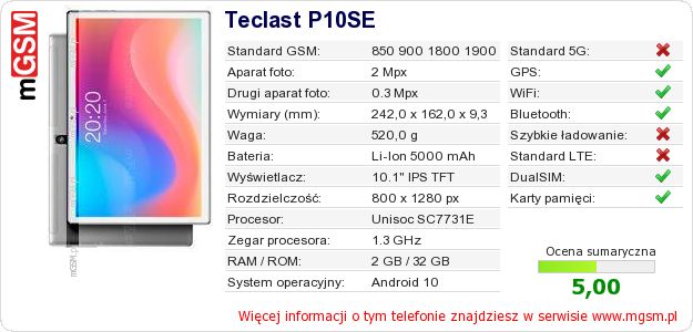 Dane telefonu Teclast P10SE