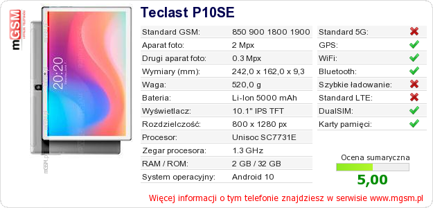 Dane telefonu Teclast P10SE