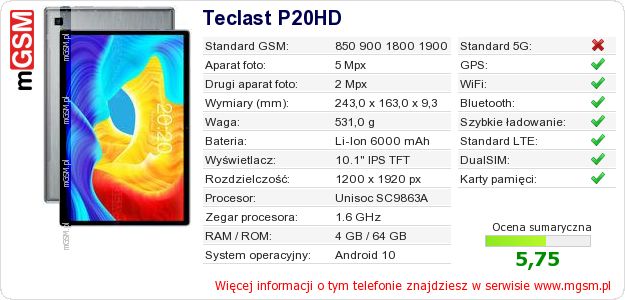 Dane telefonu Teclast P20HD Dane telefonu Teclast P20HD