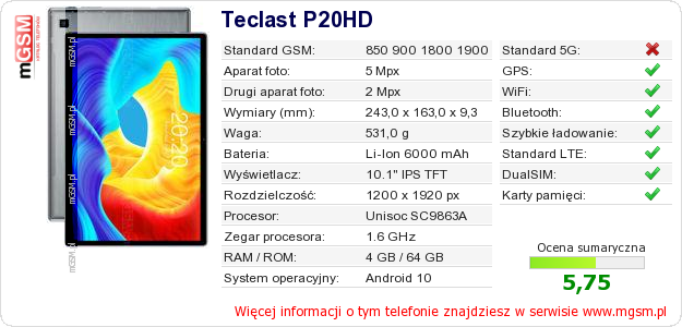 Dane telefonu Teclast P20HD