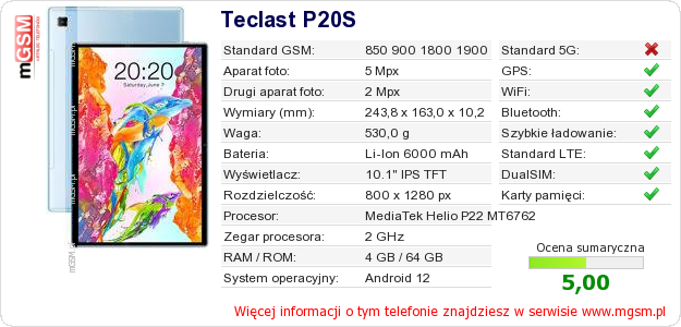 Dane telefonu Teclast P20S Dane telefonu Teclast P20S
