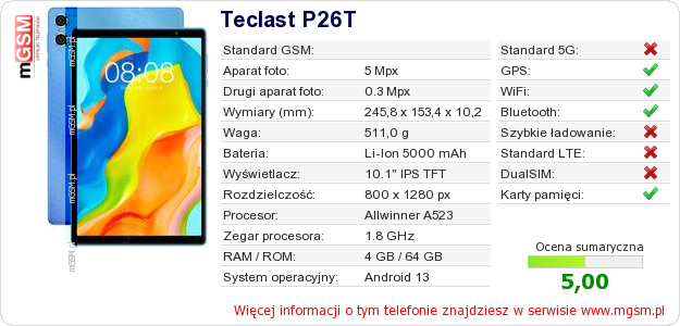 Dane telefonu Teclast P26T