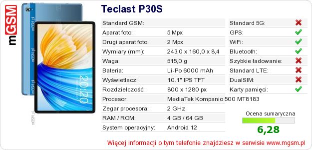 Dane telefonu Teclast P30S