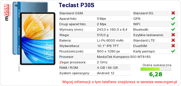 Dane telefonu Teclast P30S
