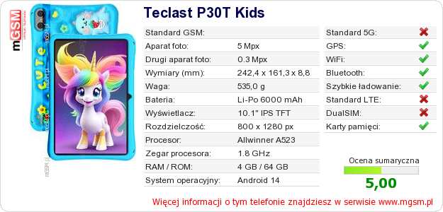 Dane telefonu Teclast P30T Kids