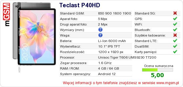Dane telefonu Teclast P40HD Dane telefonu Teclast P40HD