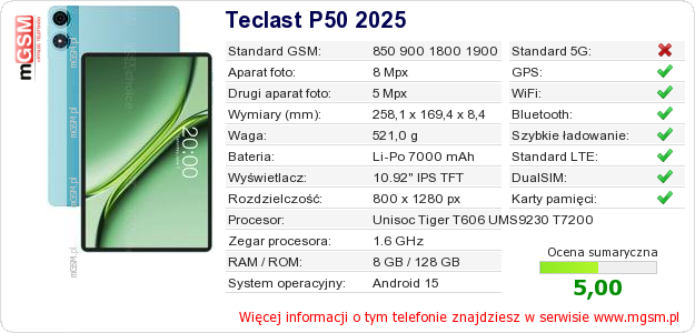 Dane telefonu Teclast P50 2025