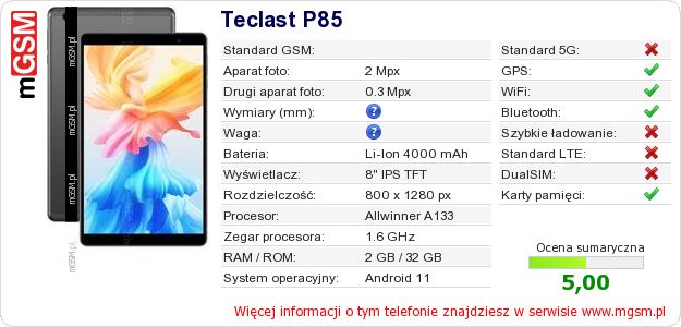 Dane telefonu Teclast P85