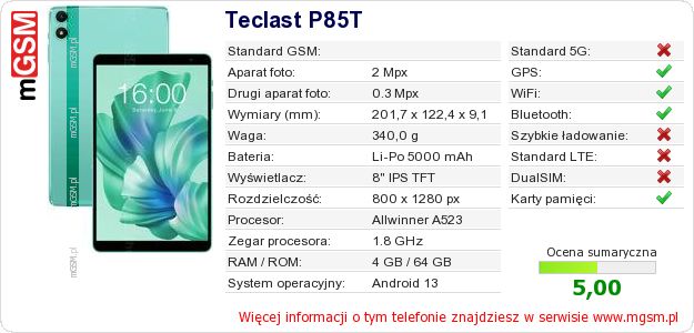 Dane telefonu Teclast P85T