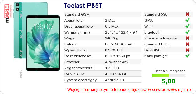 Dane telefonu Teclast P85T