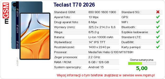 Dane telefonu Teclast T70 2026