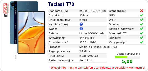 Dane telefonu Teclast T70 Dane telefonu Teclast T70