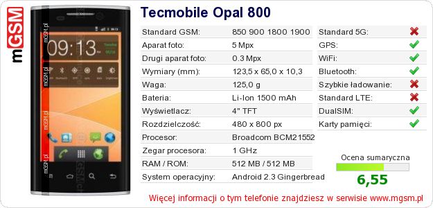 Dane telefonu Tecmobile Opal 800 Dane telefonu Tecmobile Opal 800