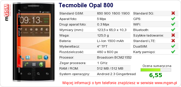 Dane telefonu Tecmobile Opal 800