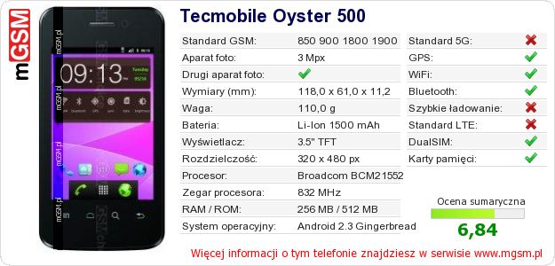 Dane telefonu Tecmobile Oyster 500