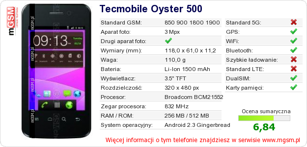 Dane telefonu Tecmobile Oyster 500