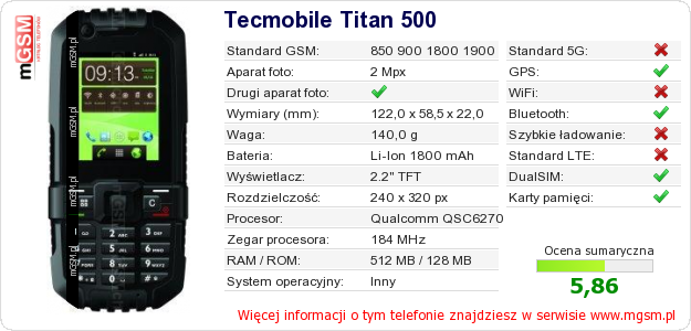 Dane telefonu Tecmobile Titan 500