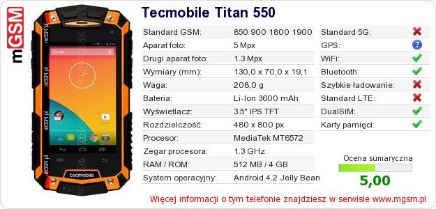 Dane telefonu Tecmobile Titan 550
