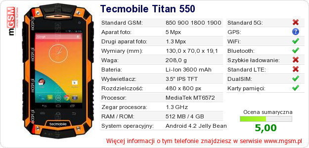 Dane telefonu Tecmobile Titan 550 Dane telefonu Tecmobile Titan 550