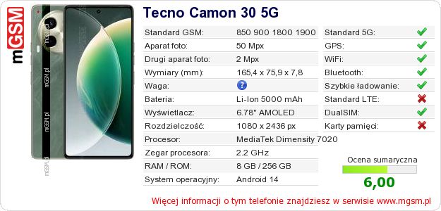 Dane telefonu Tecno Camon 30 5G Dane telefonu Tecno Camon 30 5G