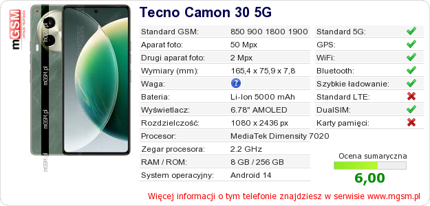 Dane telefonu Tecno Camon 30 5G