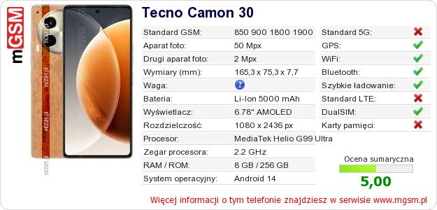Dane telefonu Tecno Camon 30 Dane telefonu Tecno Camon 30