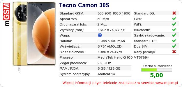 Dane telefonu Tecno Camon 30S Dane telefonu Tecno Camon 30S