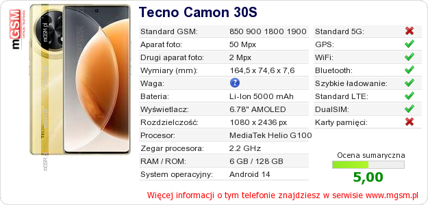Dane telefonu Tecno Camon 30S Dane telefonu Tecno Camon 30S