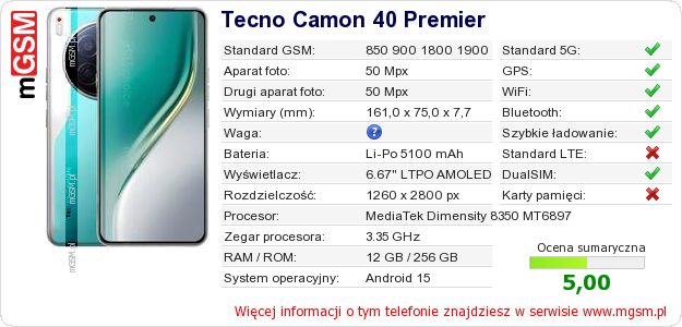 Dane telefonu Tecno Camon 40 Premier Dane telefonu Tecno Camon 40 Premier