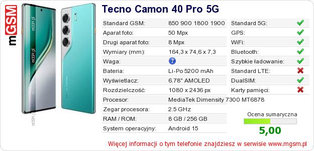 Dane telefonu Tecno Camon 40 Pro 5G Dane telefonu Tecno Camon 40 Pro 5G