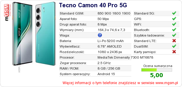 Dane telefonu Tecno Camon 40 Pro 5G
