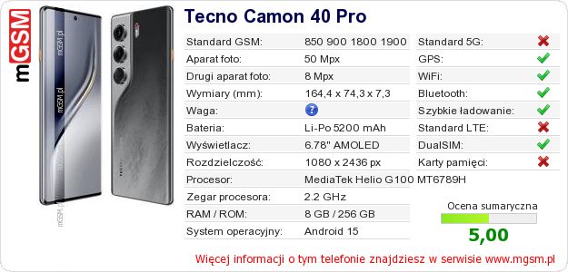 Dane telefonu Tecno Camon 40 Pro Dane telefonu Tecno Camon 40 Pro
