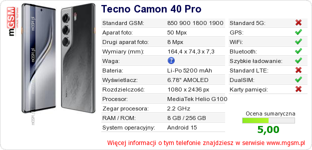 Dane telefonu Tecno Camon 40 Pro