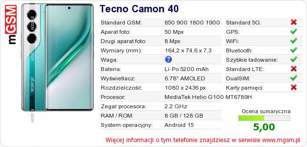 Dane telefonu Tecno Camon 40