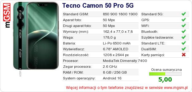 Dane telefonu Tecno Camon 50 Pro 5G